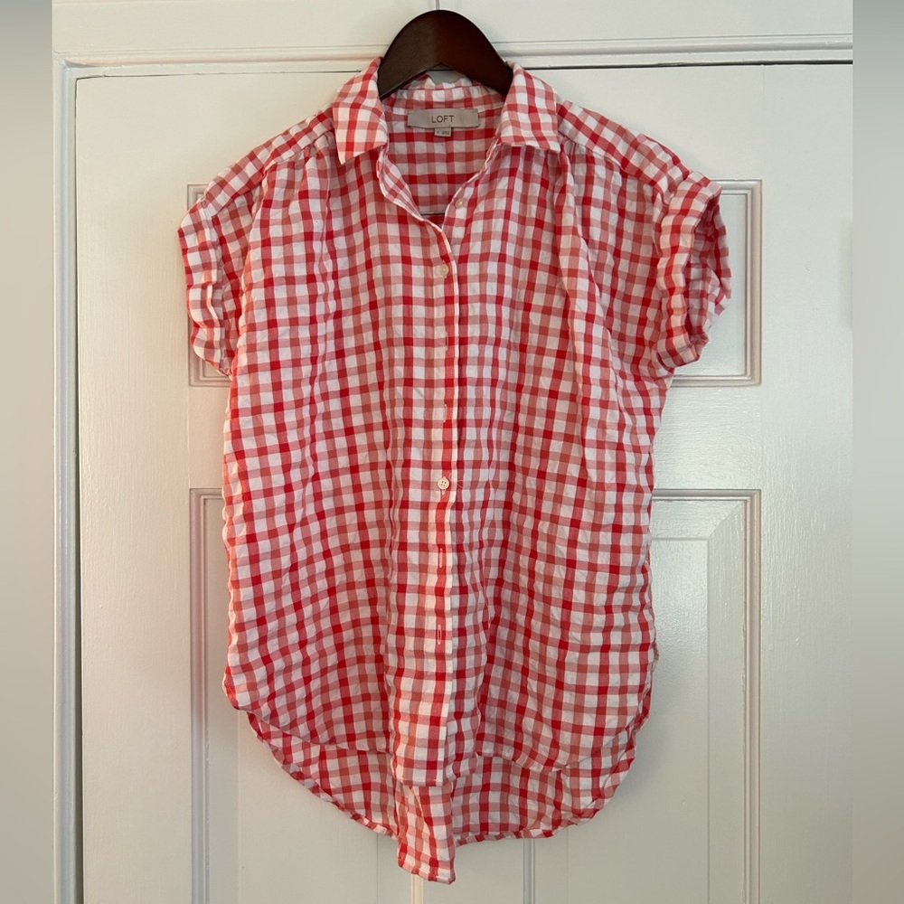 Red and white loft gingham short sleeve button down. Like new.
